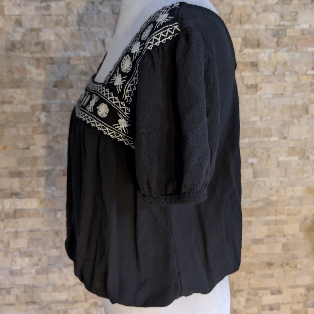 Vintage Y2K 90s Boho Embroidered Square Neck Puff Sleeve Black Peasant Blouse S image 4